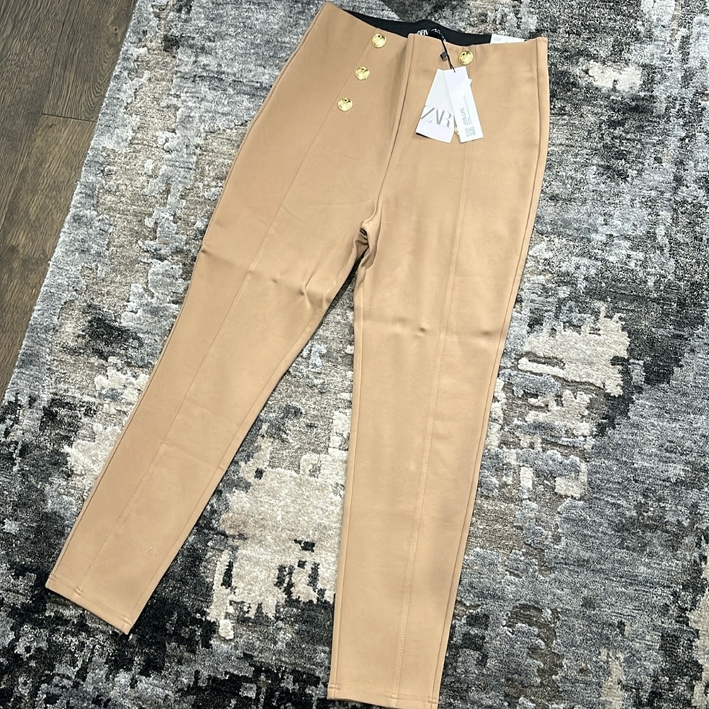 Zara Camel High-Waist Slim Leg Pants with Gold Buttons